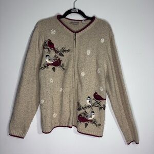 Croft & Barrow Holiday Cardigan XL Cardinals, Chickadees, Pinecones Beige Knit